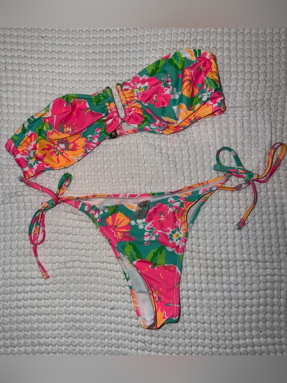 SHEIN Tropical Floral Bandeau Tie-Side Bikini in Pink, Green & Yellow